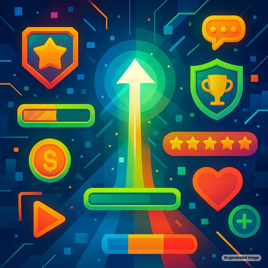 Colorful gamification icons illustrating engagement and progression arrows