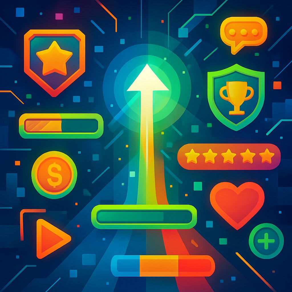 Colorful gamification icons illustrating engagement and progression arrows