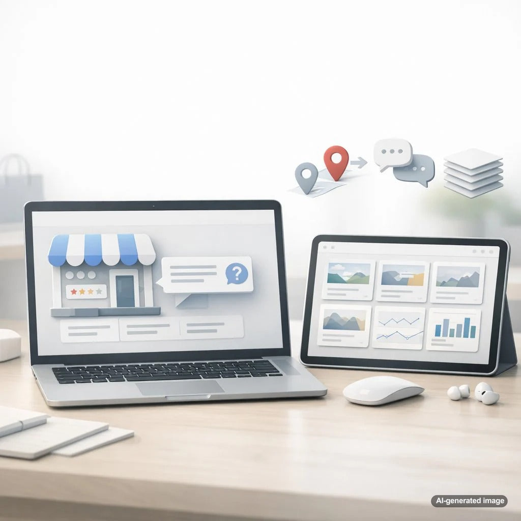 Business owner reviewing Google Business Profile questions to create local blog ideas for better search visibility