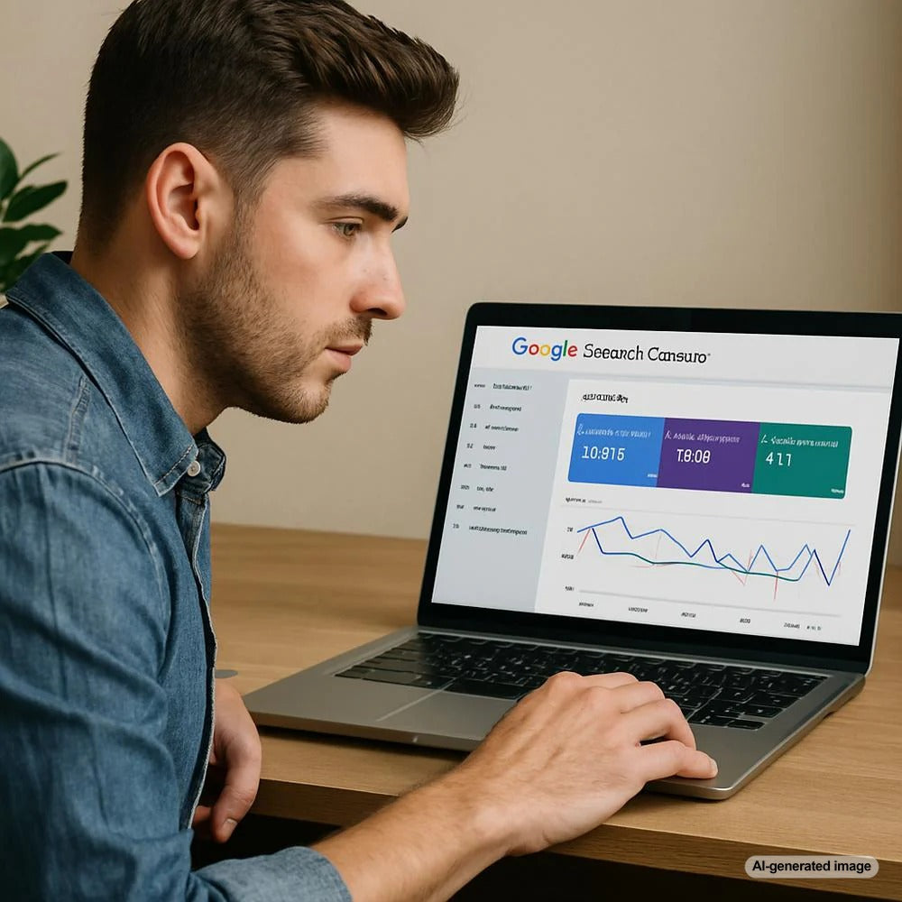 Illustration of a professional using Google Search Console on a laptop