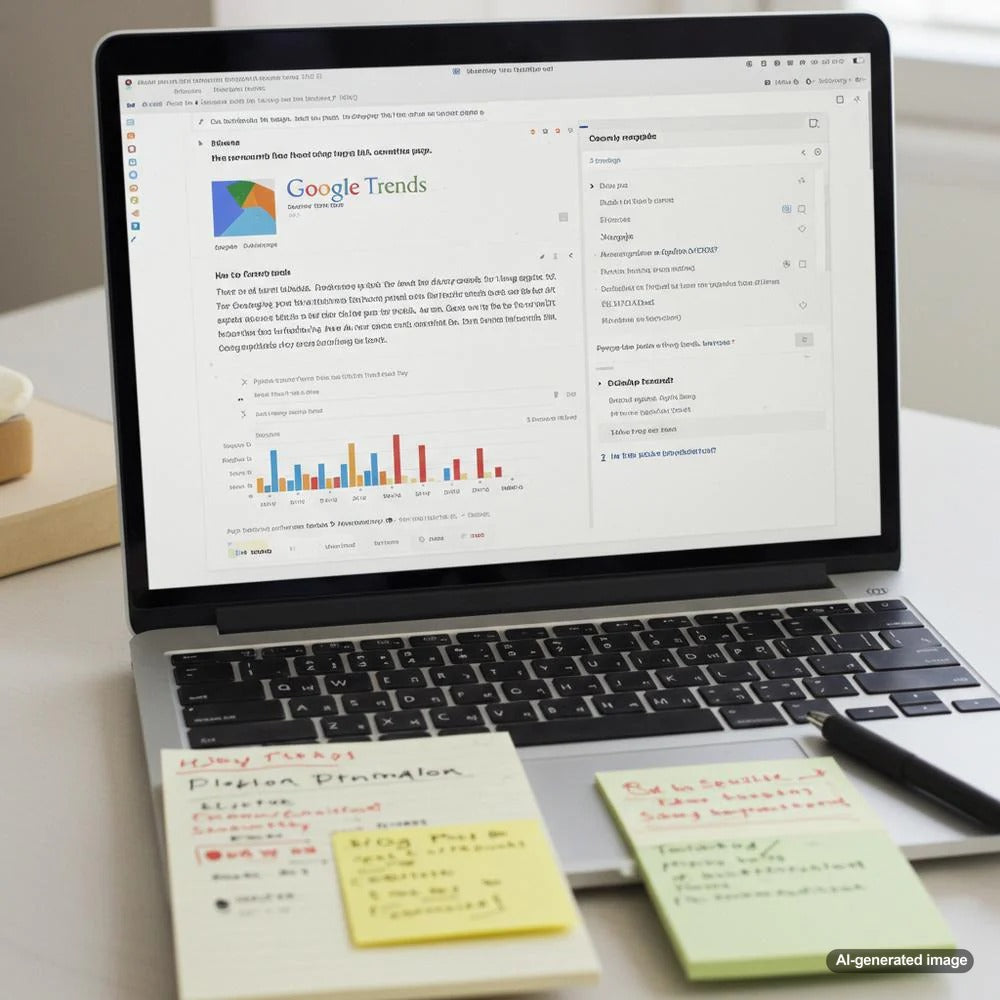 Illustration of a person using Google Trends to discover popular blog topics