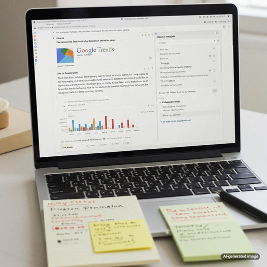 Illustration of a person using Google Trends to discover popular blog topics