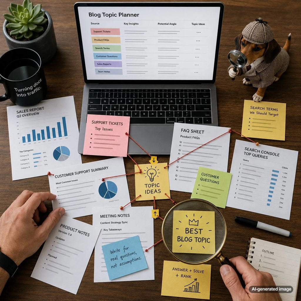 Business content strategist reviewing internal documents to identify accurate SEO blog topics