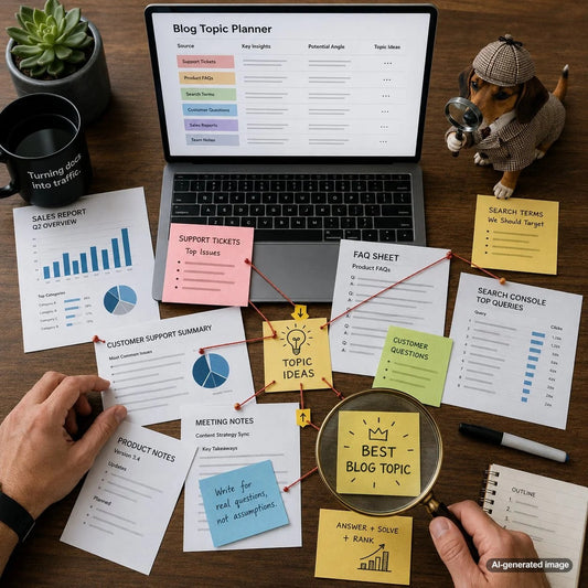 Business content strategist reviewing internal documents to identify accurate SEO blog topics