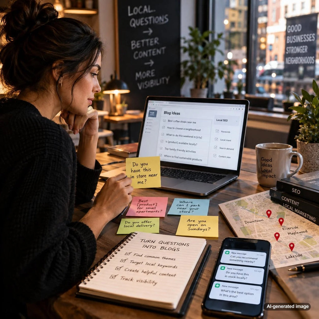 Local business owner reviewing customer questions to create useful content and improve local search visibility