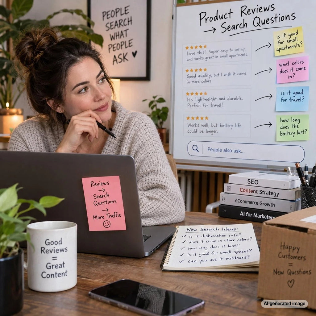 Product reviews being analyzed to uncover new customer search questions and SEO content opportunities