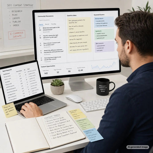 Laptop screen showing keyword brainstorming from Reddit and Quora audience questions for SEO content planning