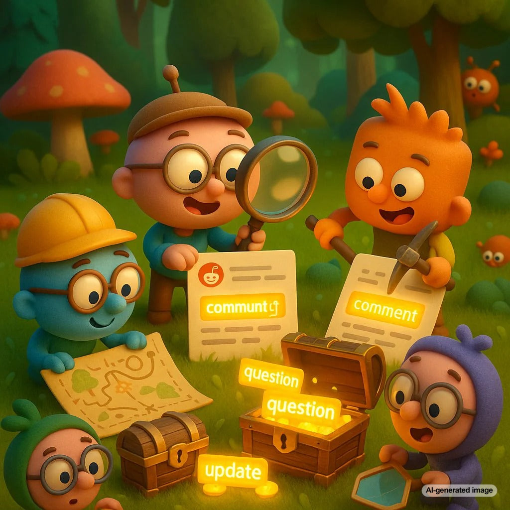 A humorous illustration depicting a treasure hunter sifting through Reddit comments to find hidden SEO keywords