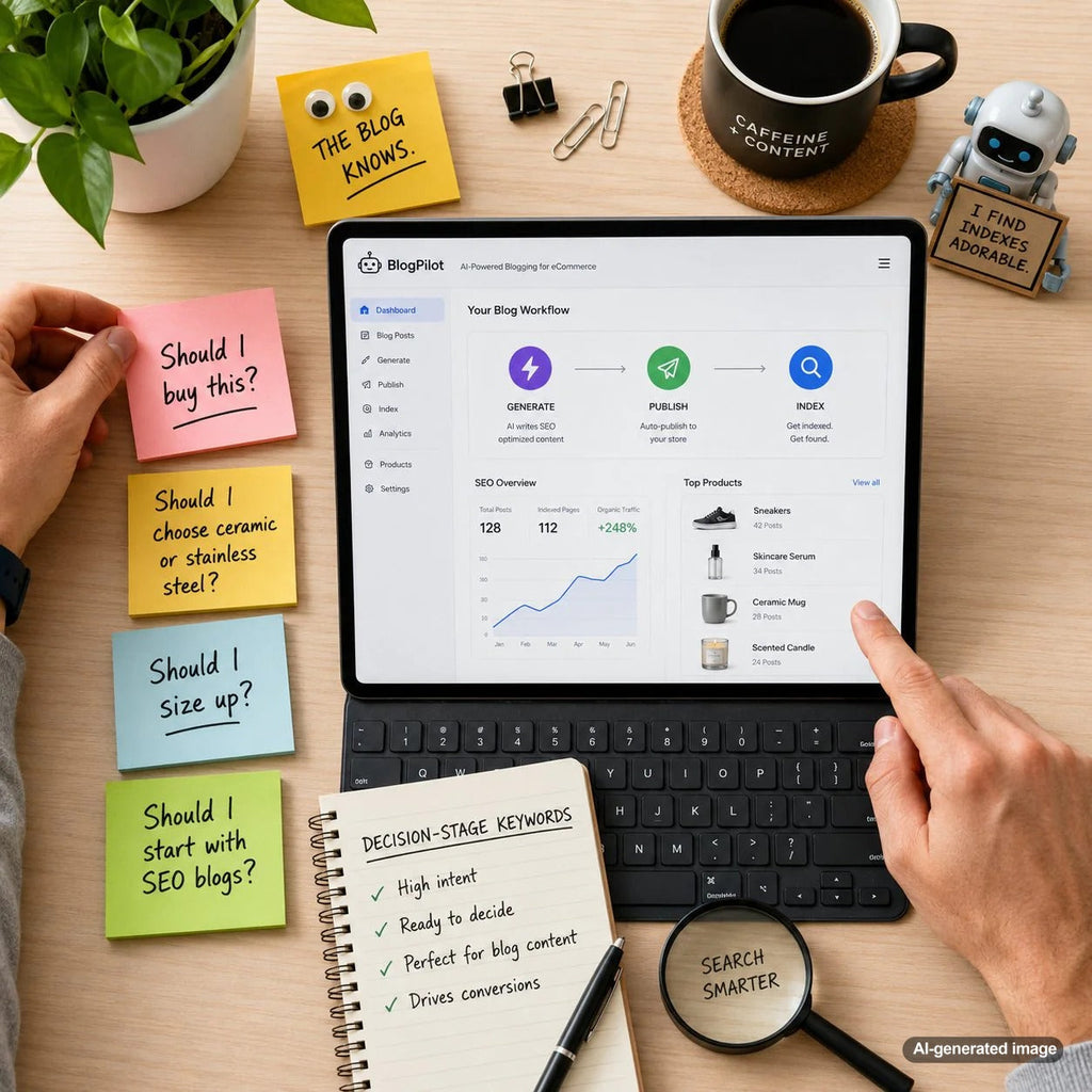 Business owner planning decision-stage blog posts using should I keywords for SEO growth