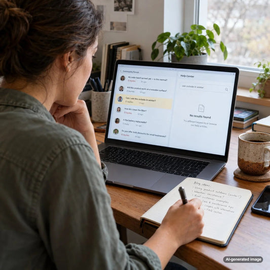 Person researching customer questions and unresolved problems in online support forums to discover overlooked SEO content opportunities