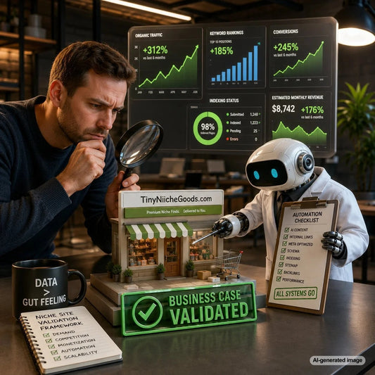 Automated analytics dashboard validating the traffic, content, and revenue potential of a niche website business