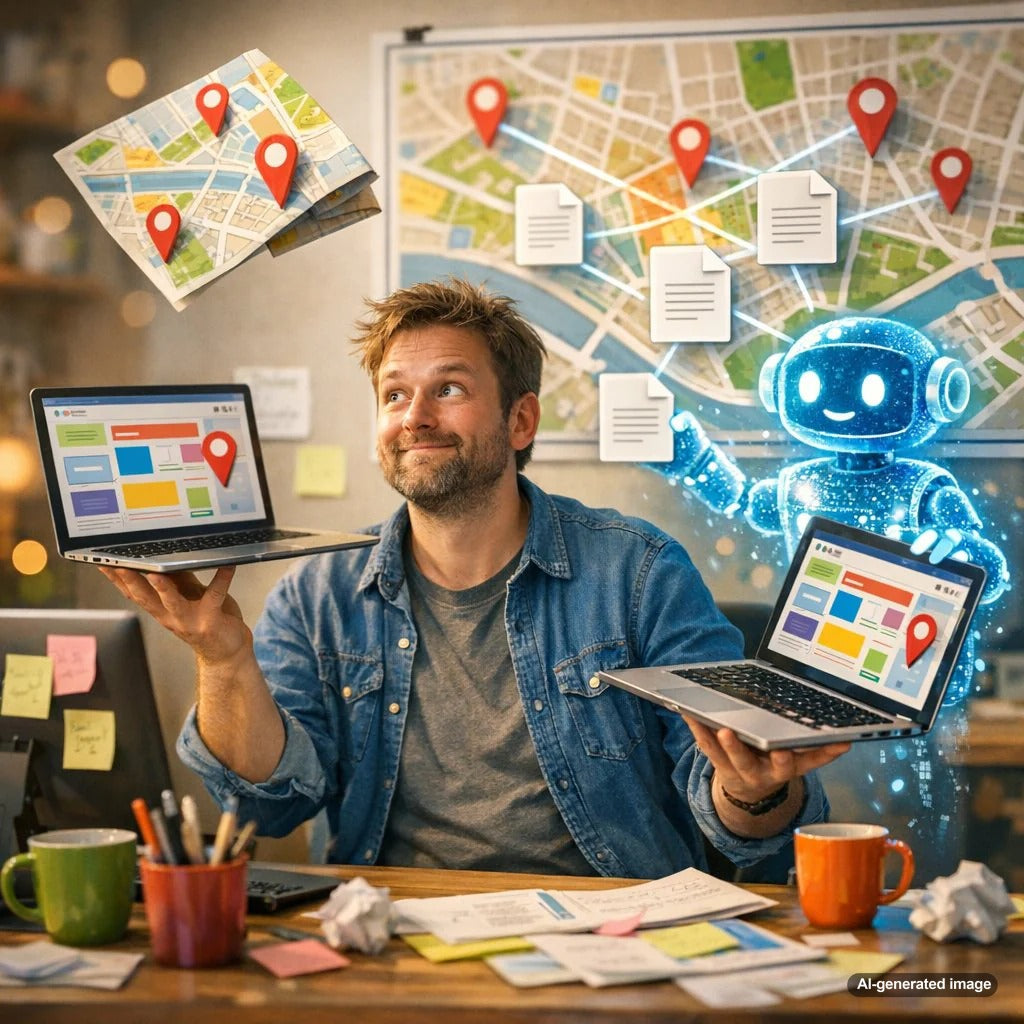 Blog strategy diagram showing local service pages supported by helpful SEO content