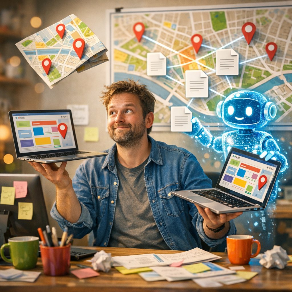 Blog strategy diagram showing local service pages supported by helpful SEO content