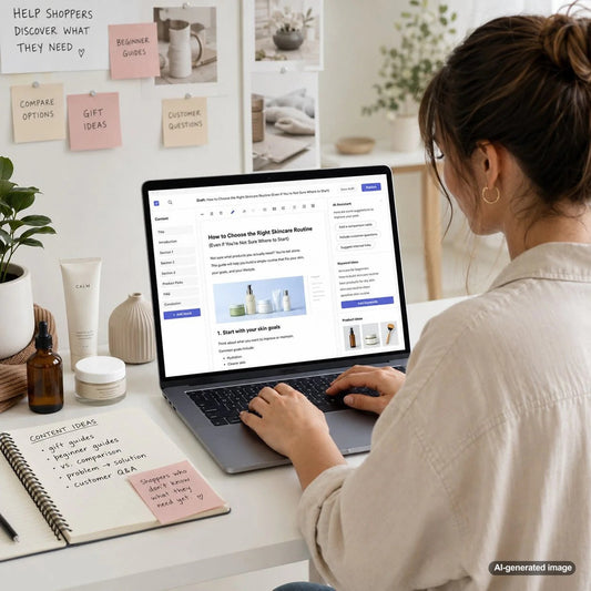 Business owner planning educational blog content that helps uncertain shoppers identify and compare the products they need