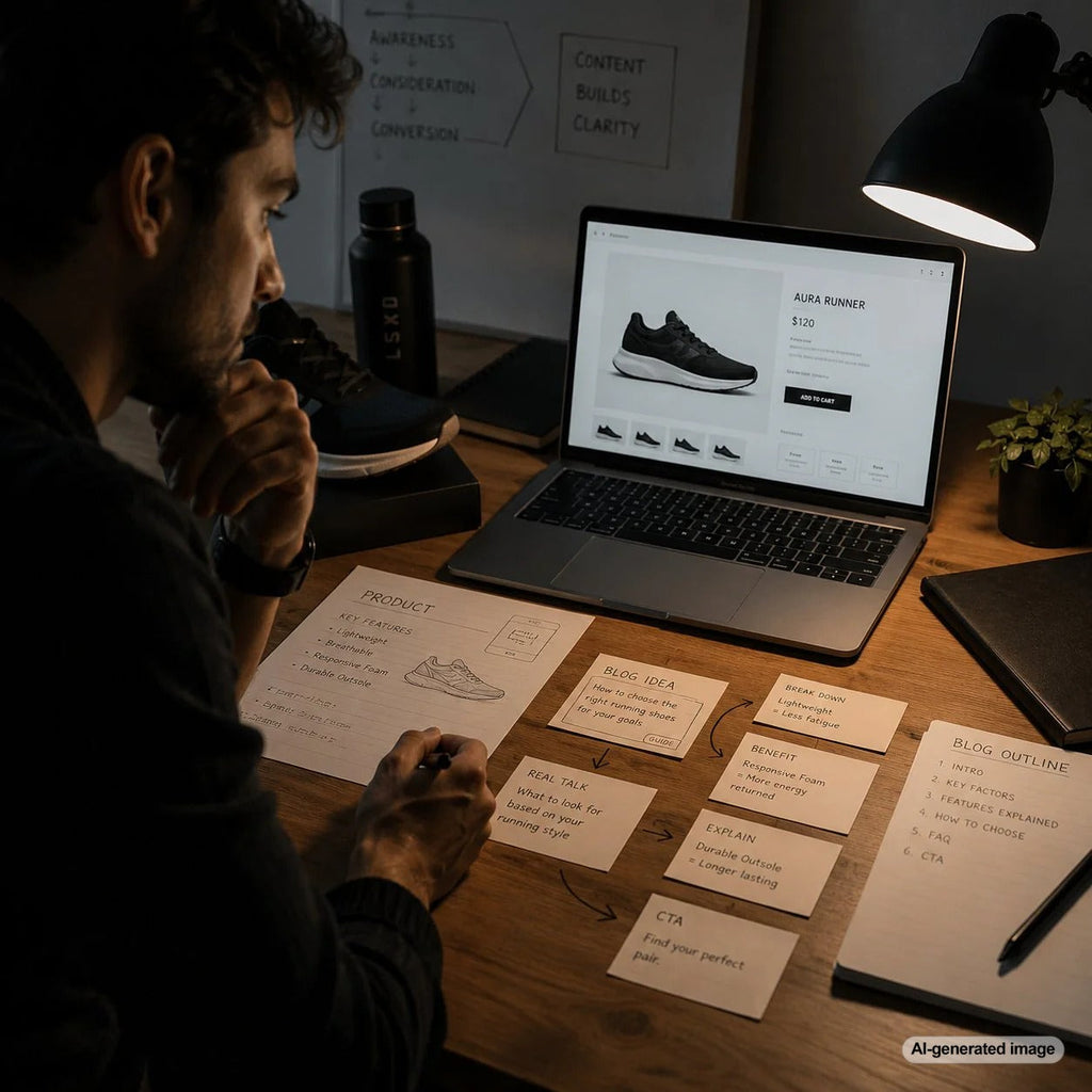 Business owner reviewing SEO blog content that helps make product pages easier for customers to understand