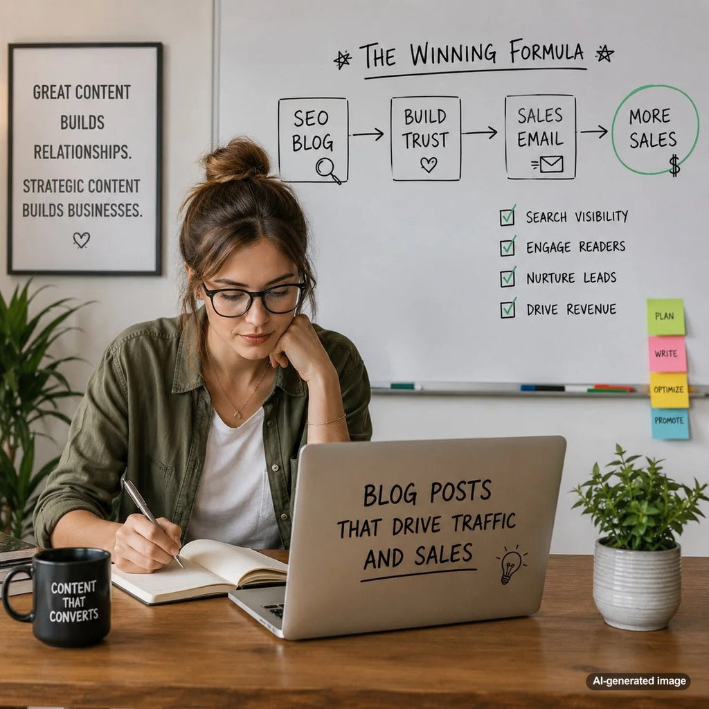 Content planning workspace showing a blog strategy that supports SEO visibility and sales email campaigns