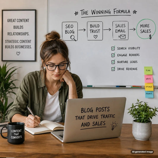 Content planning workspace showing a blog strategy that supports SEO visibility and sales email campaigns