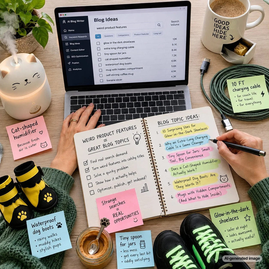 Creative product content planning workspace featuring unusual product details, keyword research notes, and SEO blog topic ideas based on specific customer search questions