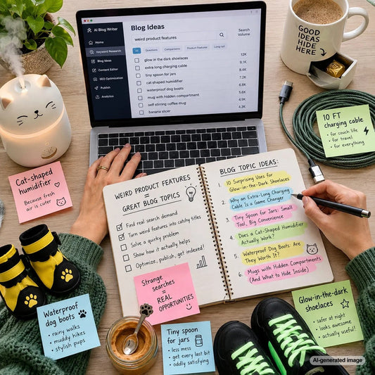 Creative product content planning workspace featuring unusual product details, keyword research notes, and SEO blog topic ideas based on specific customer search questions