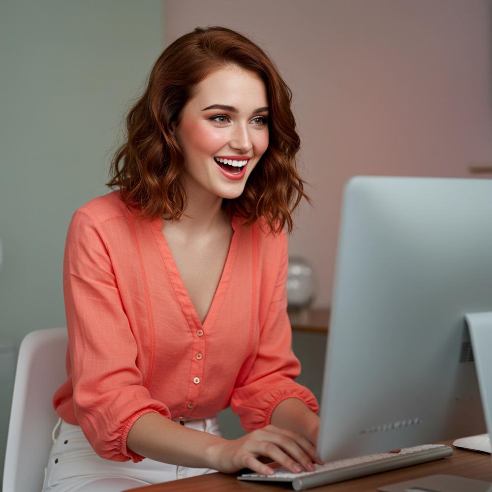 Person typing on a laptop with emotive expressions in the background