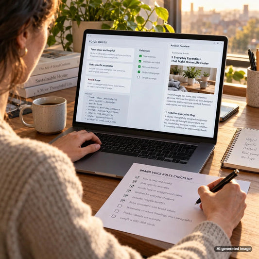 Brand voice guidelines and editorial writing rules organized on a professional workspace for consistent AI content automation