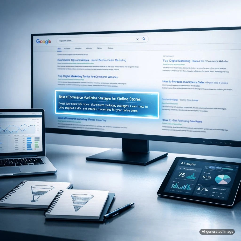 Search results page illustration showing compelling meta descriptions with long-tail keywords designed to improve click-through rates