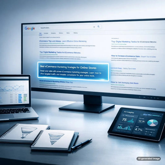 Search results page illustration showing compelling meta descriptions with long-tail keywords designed to improve click-through rates