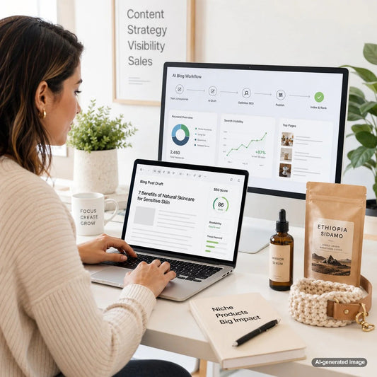 Business owner planning SEO blog posts for niche products on a laptop with search analytics and product notes