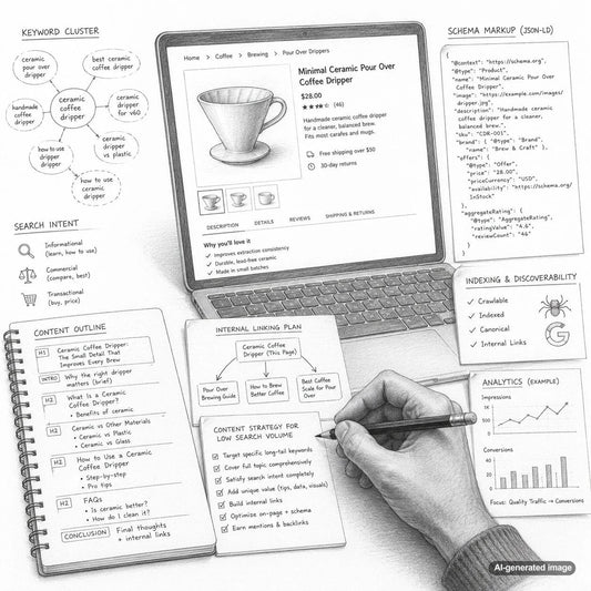 SEO strategy concept showing niche ecommerce product content planning for low search volume keywords
