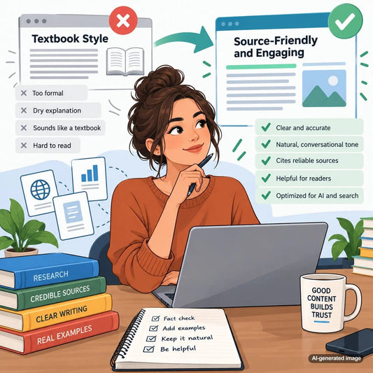 Illustration of a clear and organized content writing workflow showing how to turn reliable research and factual information into engaging, source-friendly SEO blog articles