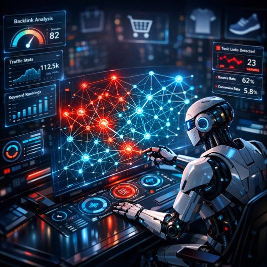 Illustration of backlink audit and disavow process using link profile metrics to identify high-risk links