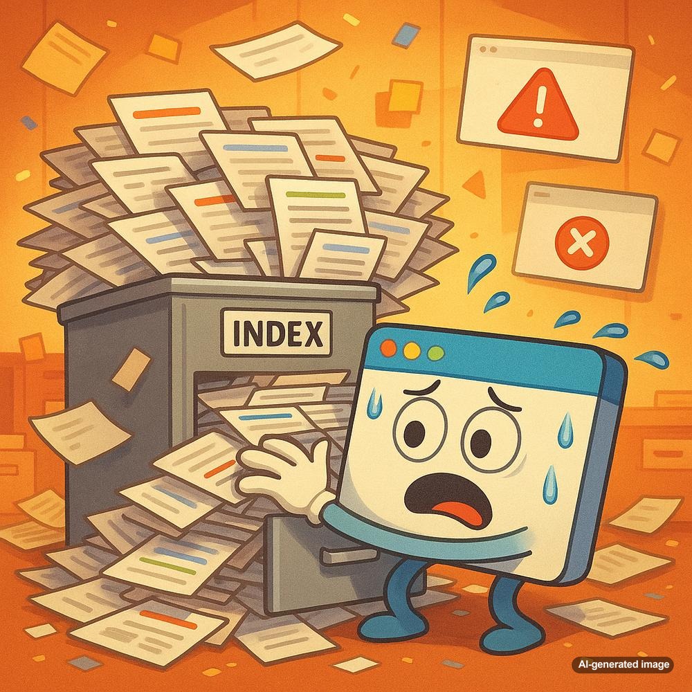 Illustration depicting index bloat with numerous web pages overwhelming a website