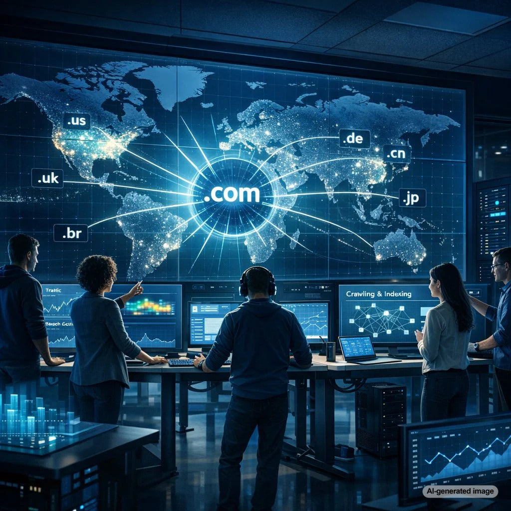 International SEO strategy showing a .com website reaching customers across global search markets