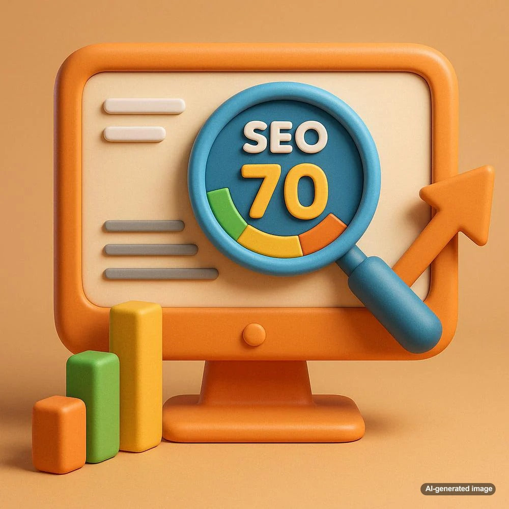 Illustration depicting SEO score analysis with a focus on the number 70