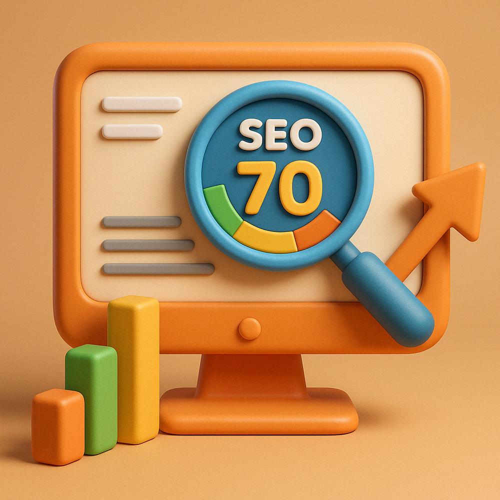 Illustration depicting SEO score analysis with a focus on the number 70