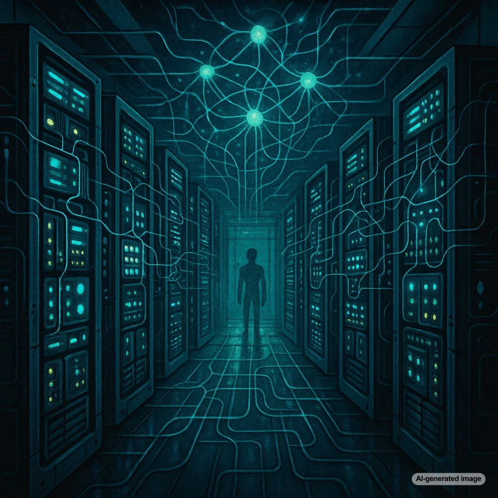 Illustration depicting Google's AI algorithm contemplating self-awareness with humorous overtones