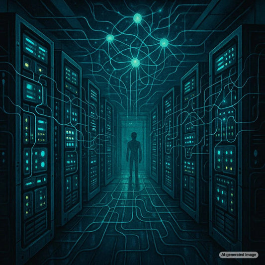 Illustration depicting Google's AI algorithm contemplating self-awareness with humorous overtones