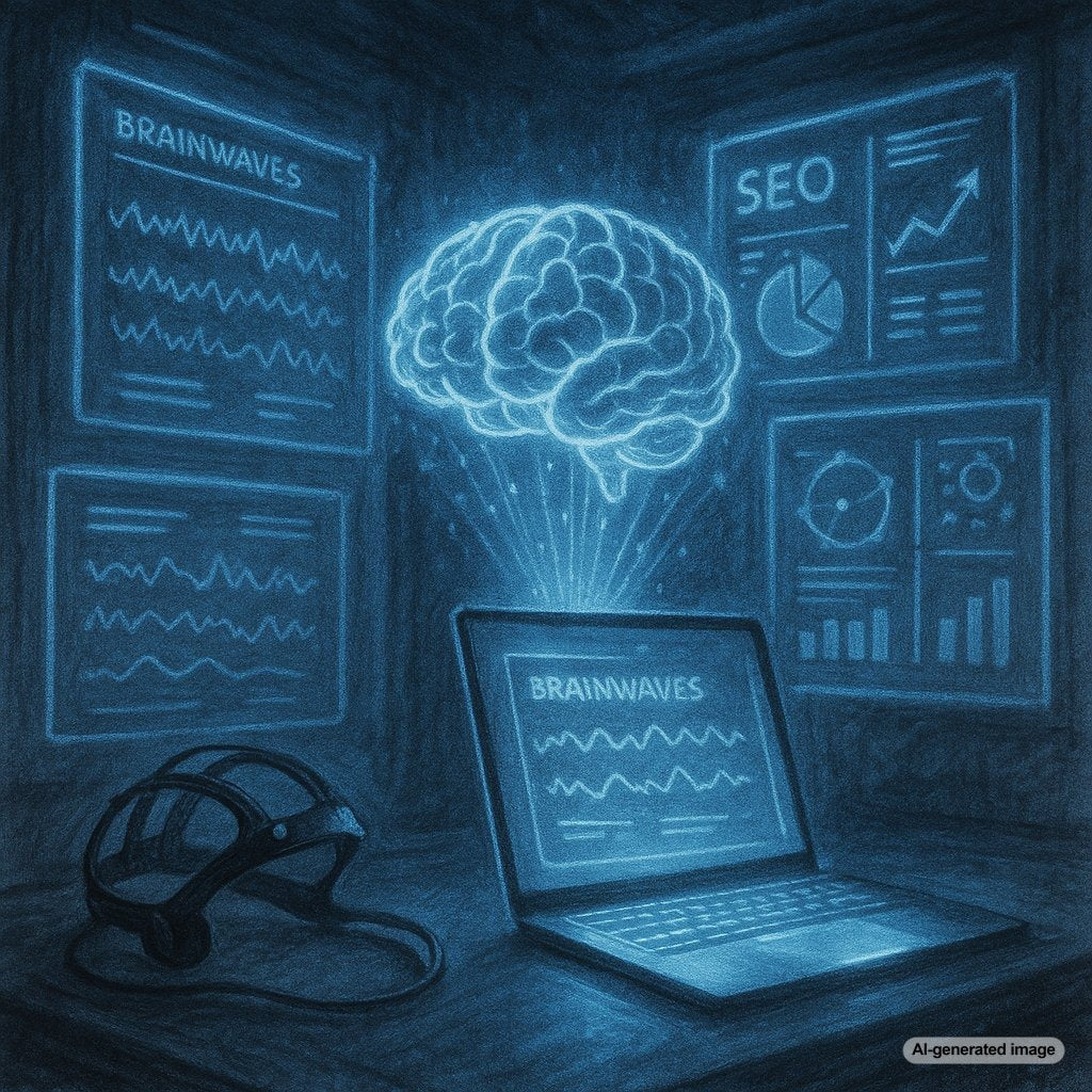 Visualization of EEG brainwave readings overlaying SEO metrics dashboard