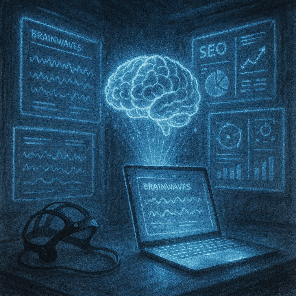 Visualization of EEG brainwave readings overlaying SEO metrics dashboard