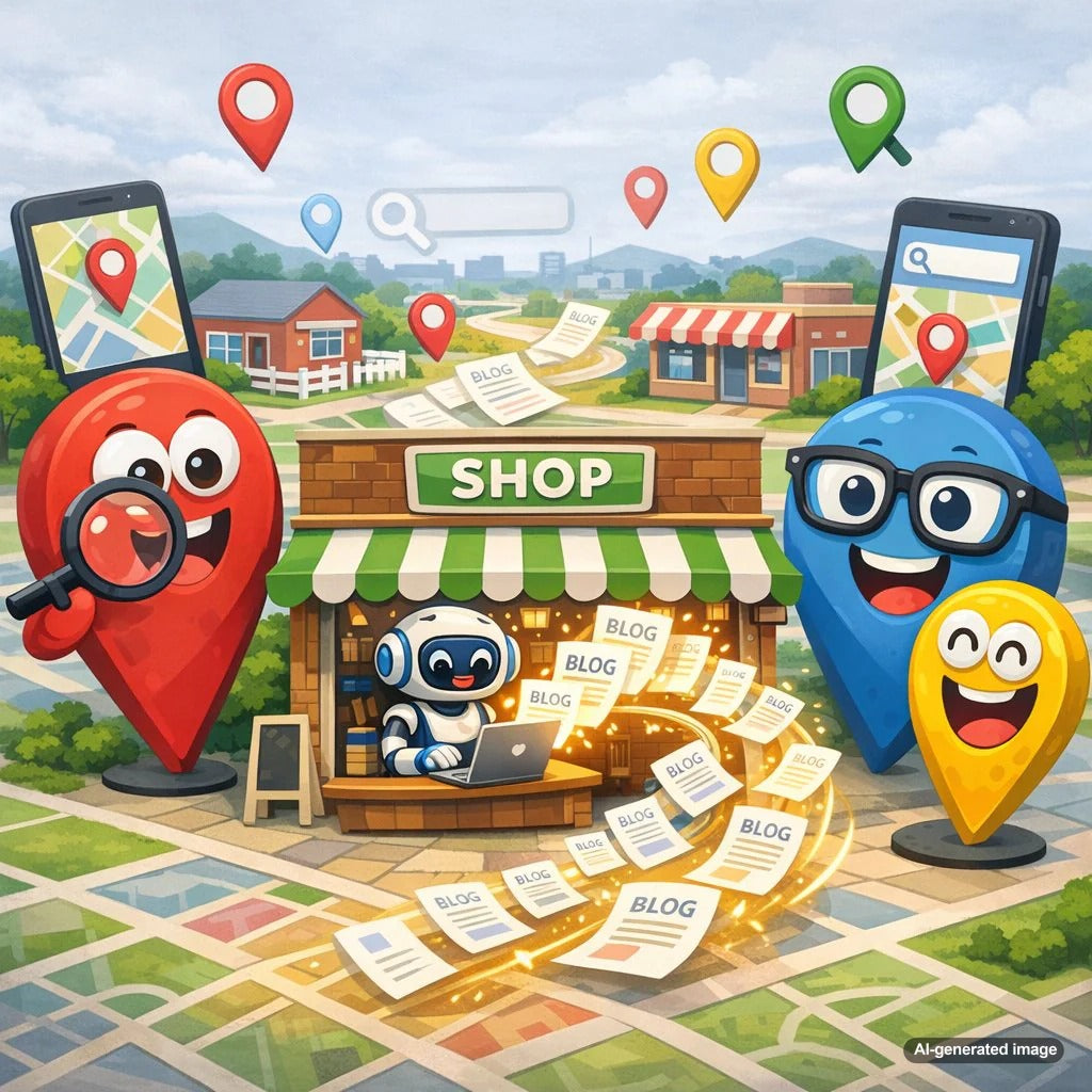 Local SEO strategy concept showing small business targeting near me searches with location based content