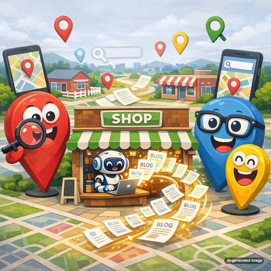 Local SEO strategy concept showing small business targeting near me searches with location based content