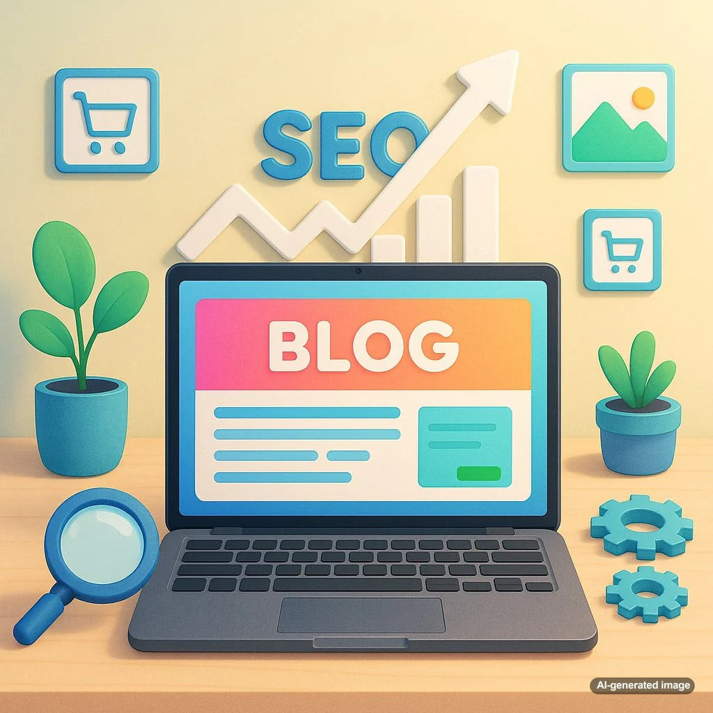 Vibrant illustration showing a laptop with "BLOG" on screen, SEO growth icons, magnifying glass and gears, symbolizing meta description optimization