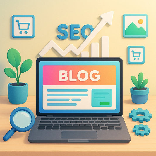 Vibrant illustration showing a laptop with "BLOG" on screen, SEO growth icons, magnifying glass and gears, symbolizing meta description optimization