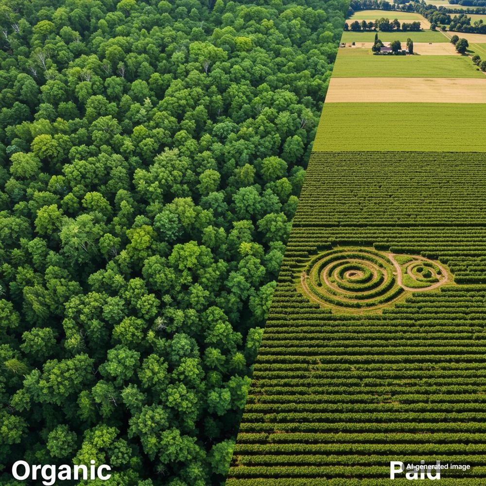 Illustration contrasting paid search and organic search strategies