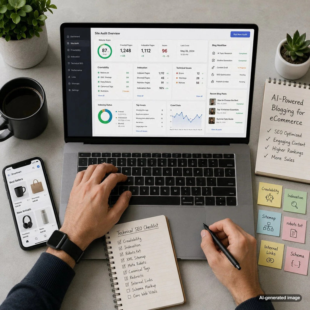 Technical SEO checklist for bloggers showing crawlability, indexation, site structure, and Google ranking optimization