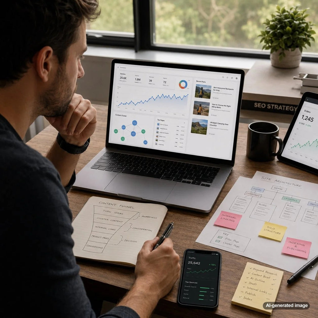 Illustration of an automated niche website content system generating organized SEO articles and increasing organic search traffic
