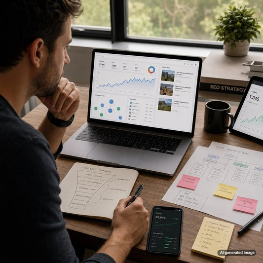 Illustration of an automated niche website content system generating organized SEO articles and increasing organic search traffic