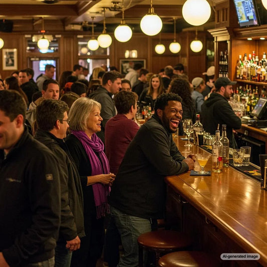 A lively bar scene with patrons enjoying happy hour