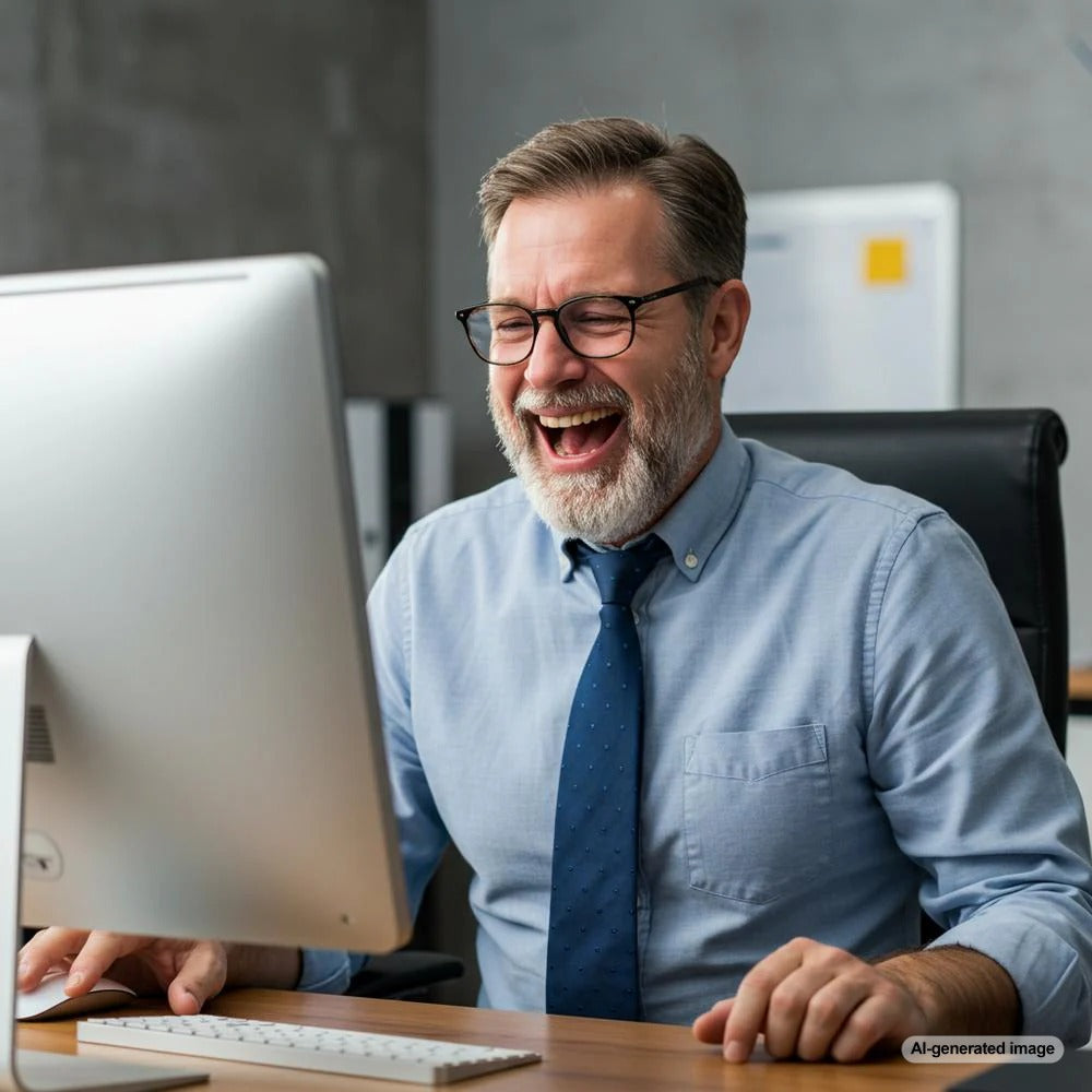 A person laughing while writing a blog, illustrating the use of humor in blogging