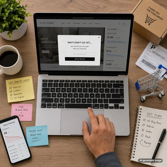 Overhead desk scene showing website analytics, a popup warning concept, and SEO planning notes for exit intent popup strategy